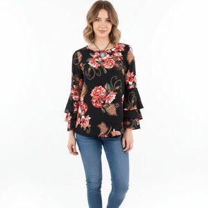 NWOT LTX Sportswear USA Floral Ruffle Sleeve Blouse S Multi-Color Top